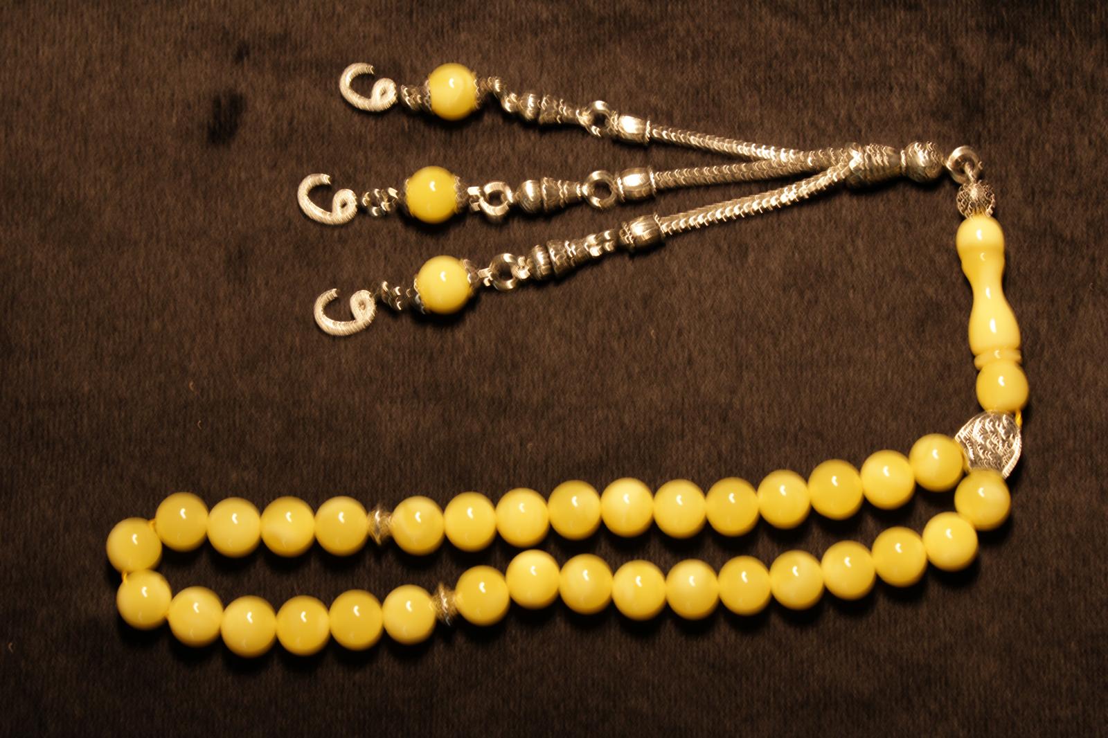 Beyrut Damla Kehribar 8mm Küre Kesim Tesbih (Gümüş V1)