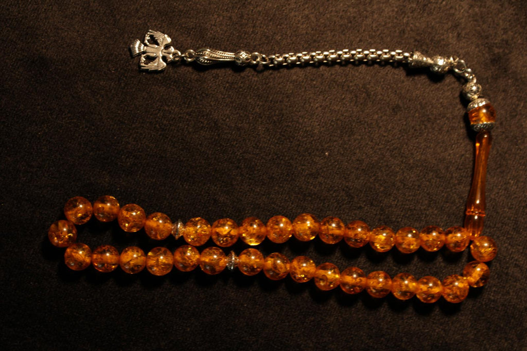 Bal Rengi Sıkma Kehribar 8mm Küre Kesim Tesbih (Gümüş V2)